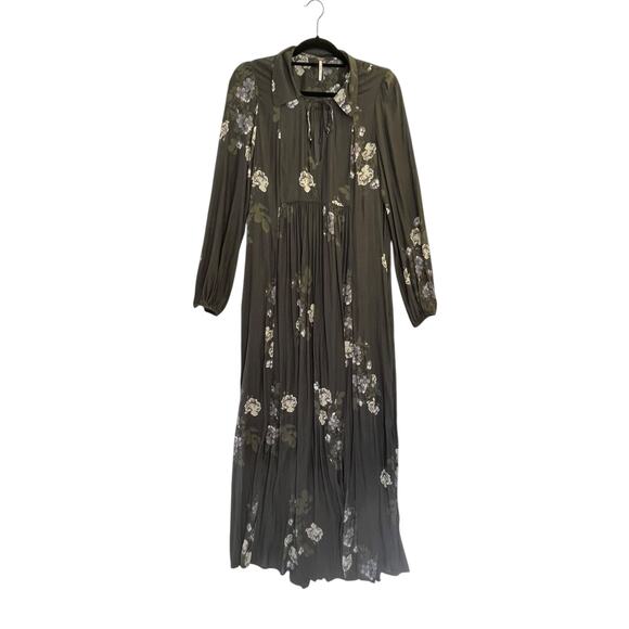 Free People Maxi Dress Large Long Sleeve Floral Flowy Lined Grey V-Neck Boho - Picture 2 of 10